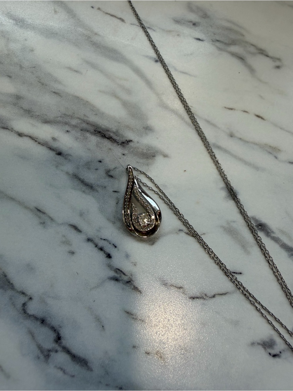 Sterling Silver 925 Italy Diamond Accent Teardrop Pendant Necklace 18” Chain